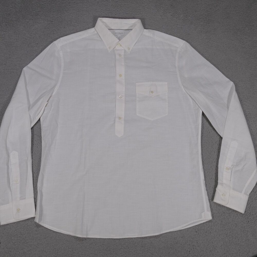 BRUNELLO CUCINELLI Leisure Fit Button Down Shirt Mens 2XL White Cotton